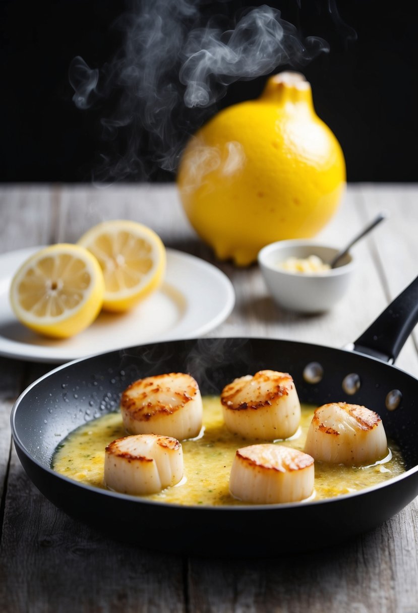 Sizzling scallops in a pan with bubbling lemon garlic butter sauce, emitting a savory aroma