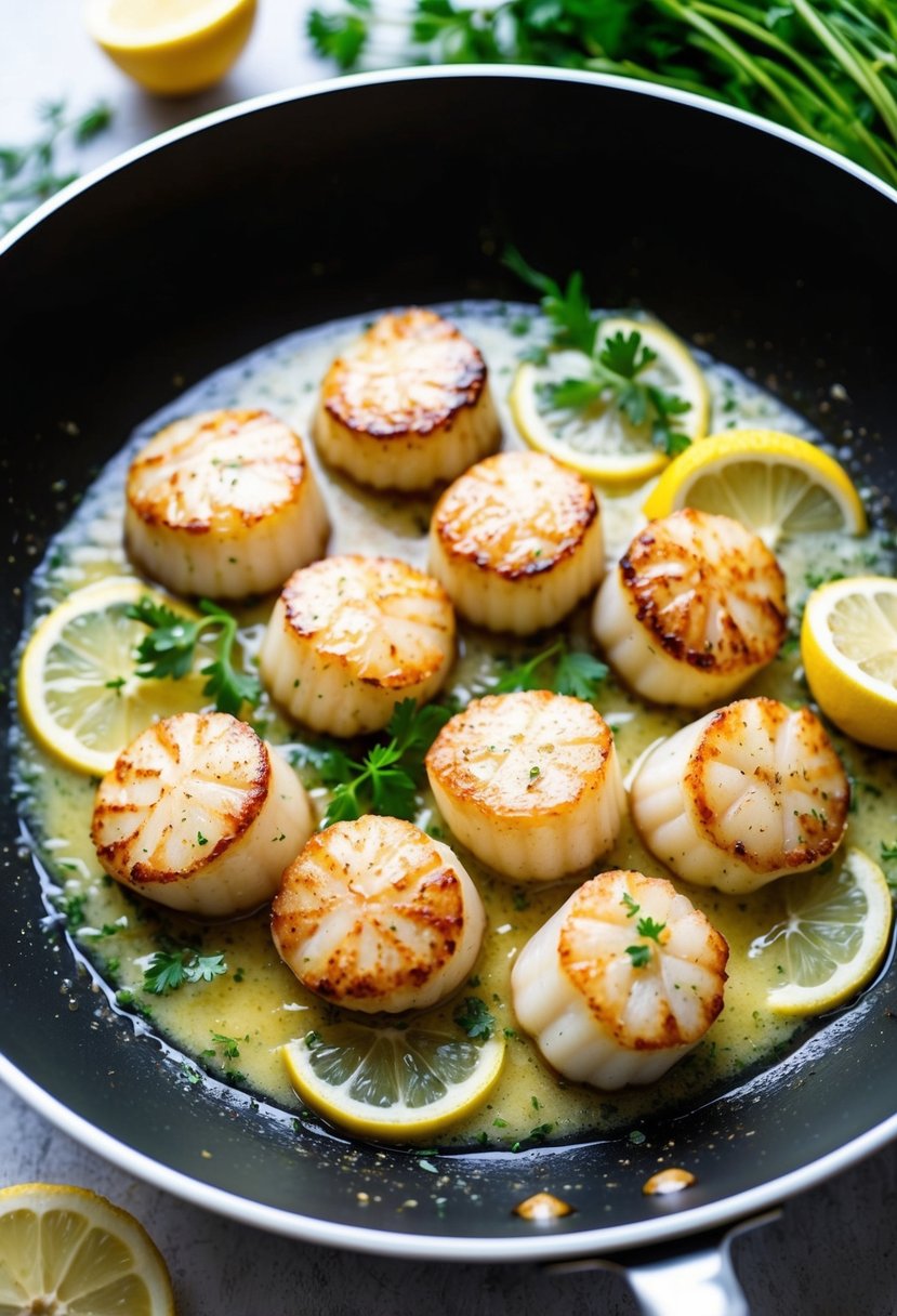 Perfectly seared scallops in a sizzling pan with a lemon garlic butter sauce, surrounded by fresh herbs and lemon slices
