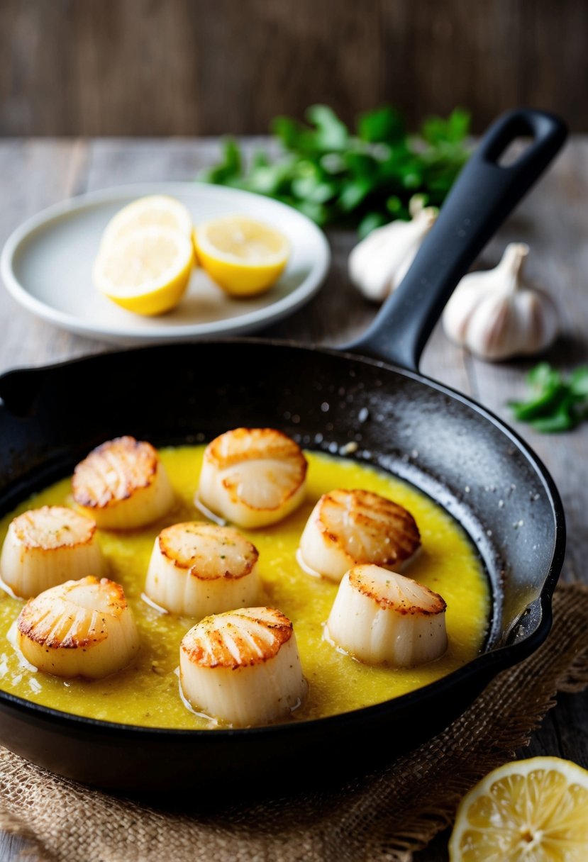 A skillet sizzling with golden-brown scallops in a pool of fragrant lemon garlic butter
