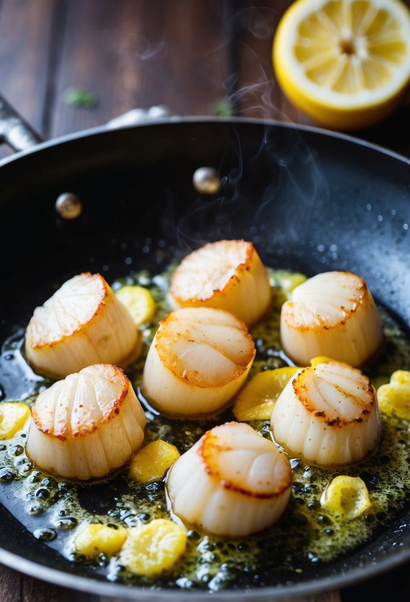 Scallops sizzling in a hot skillet with bubbling lemon garlic butter, emitting a savory aroma