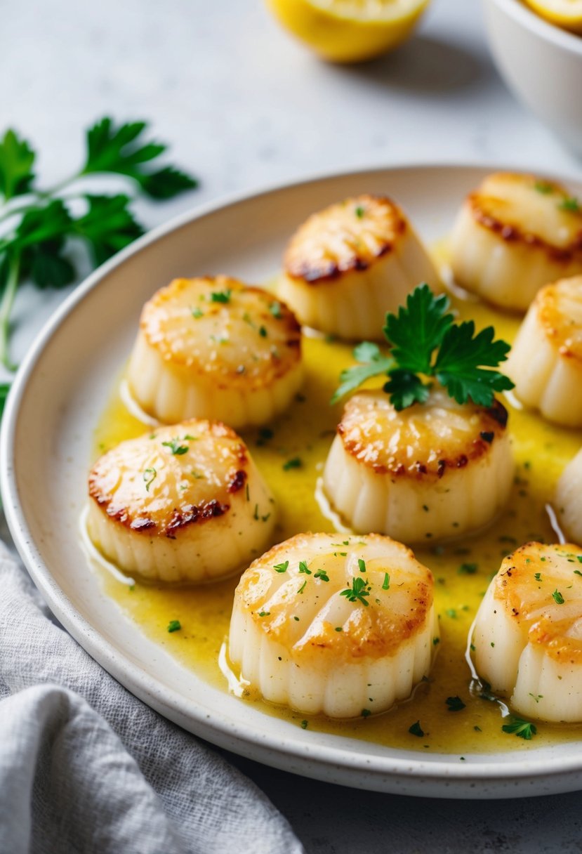 Perfectly seared lemon garlic butter scallops arranged on a white ceramic plate with a sprig of fresh parsley as garnish
