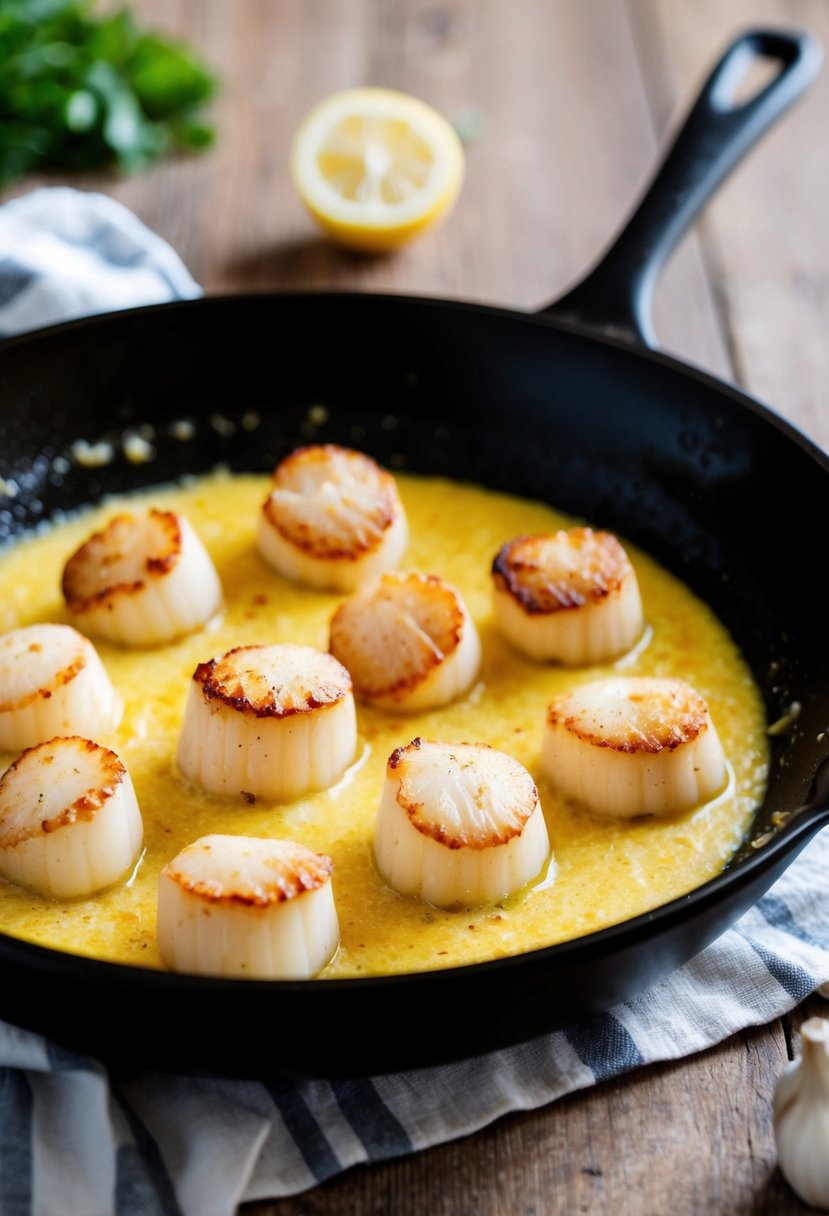 A skillet sizzling with golden-brown scallops in a bubbling lemon garlic butter sauce