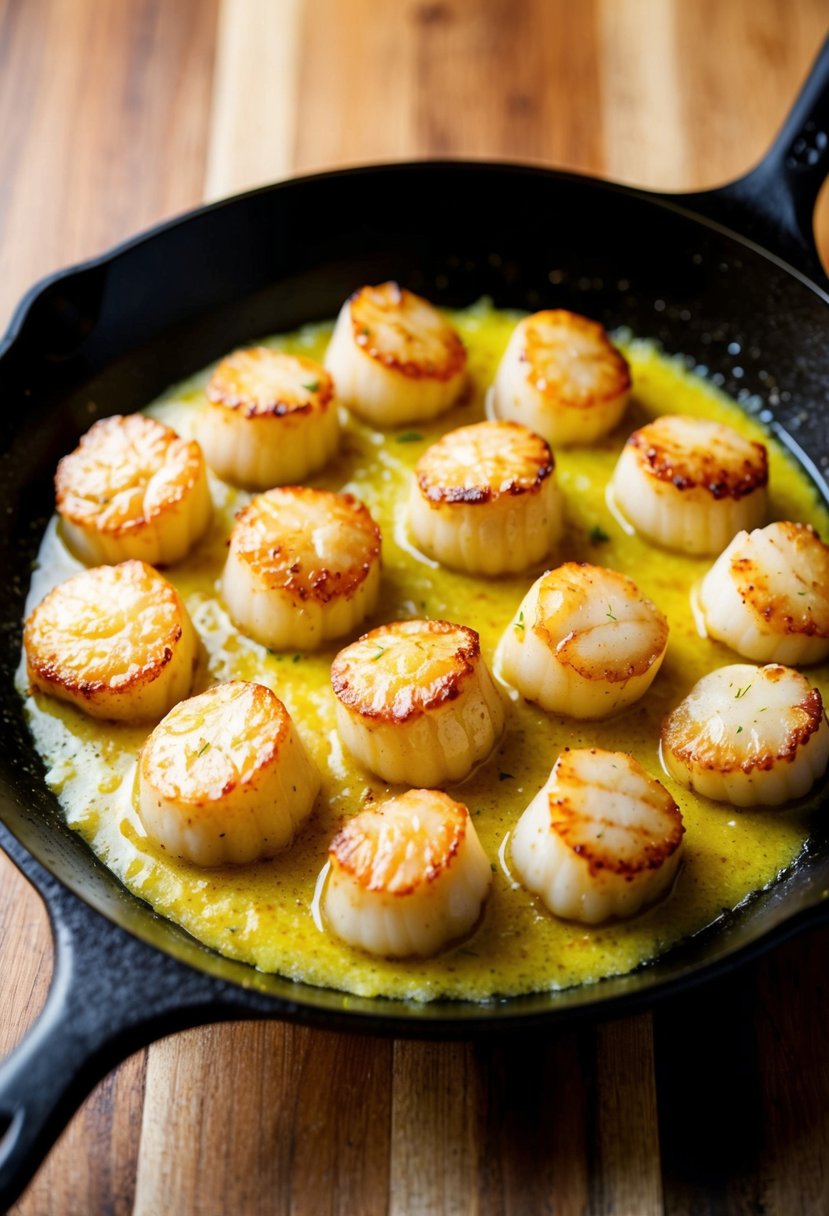 A sizzling skillet holds golden-brown scallops coated in a glistening lemon garlic butter sauce, ready to be served