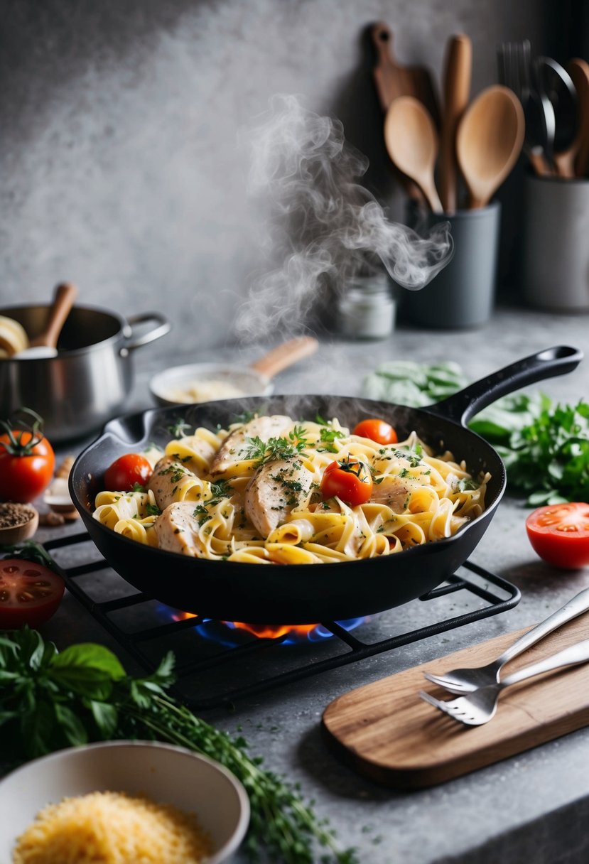 A steaming skillet of creamy pasta with tender chicken, tomatoes, and herbs, surrounded by ingredients and utensils on a rustic kitchen counter