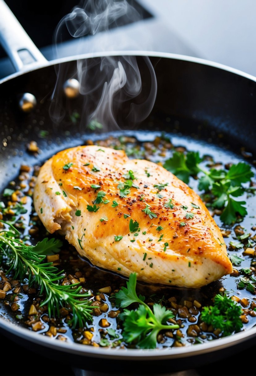 A succulent chicken breast sizzling on a hot skillet, surrounded by vibrant herbs and spices, with steam rising from the tender meat
