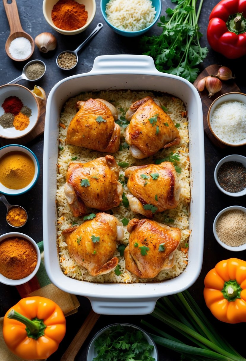 A colorful array of ingredients and spices arranged around a baking dish filled with golden-brown chicken and fluffy rice, fresh from the oven