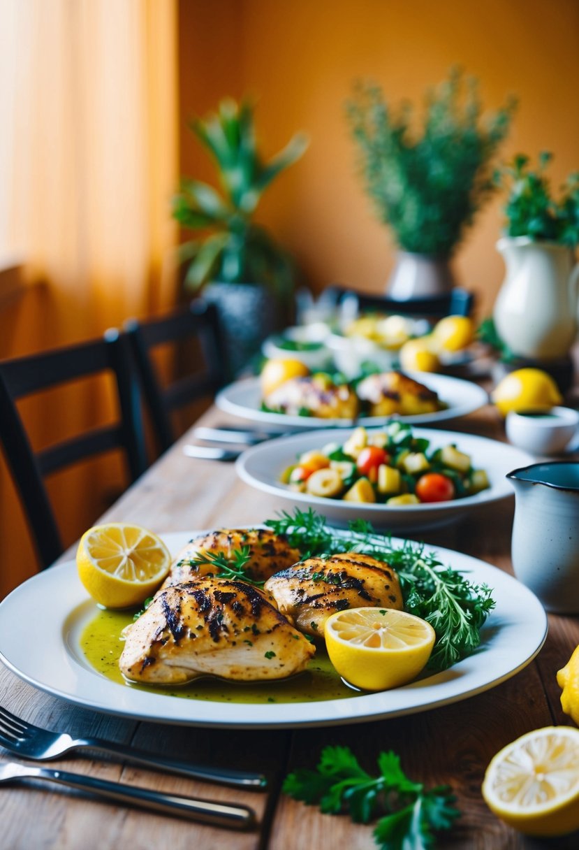 A table set with grilled lemon herb Mediterranean chicken and various side dishes, surrounded by a warm, inviting atmosphere