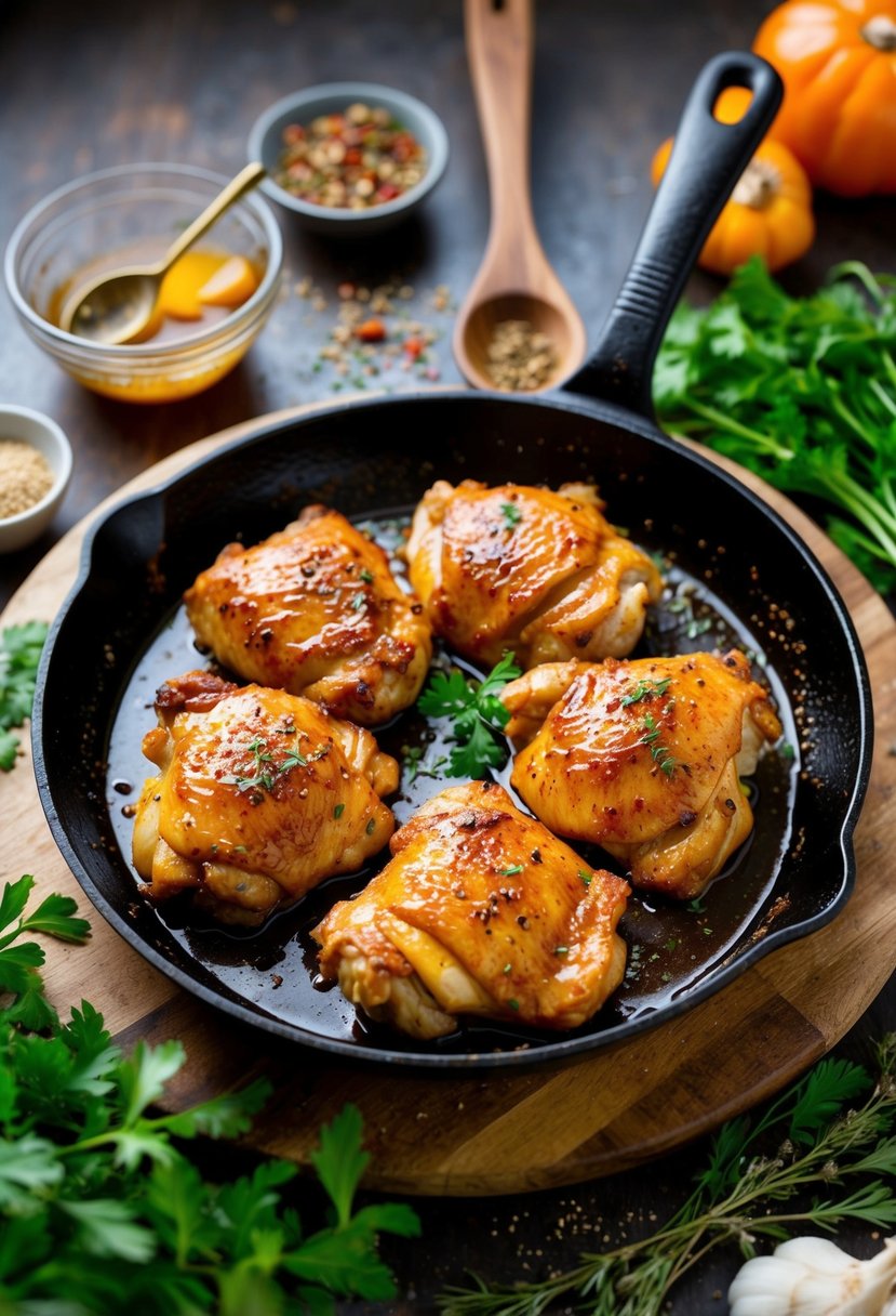 A sizzling skillet with golden-brown chicken thighs coated in a sticky, spicy honey garlic sauce, surrounded by vibrant herbs and spices