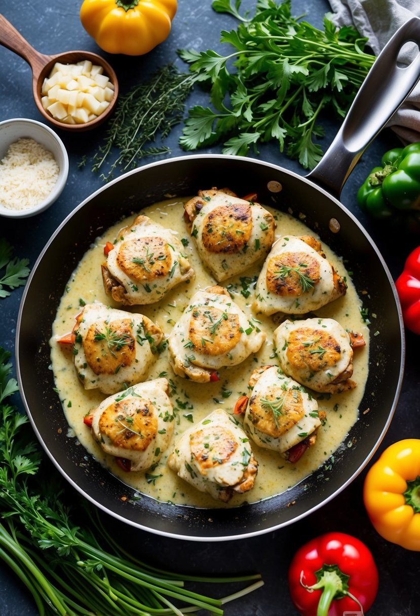 A sizzling skillet of creamy Tuscan garlic chicken surrounded by fresh herbs and colorful vegetables