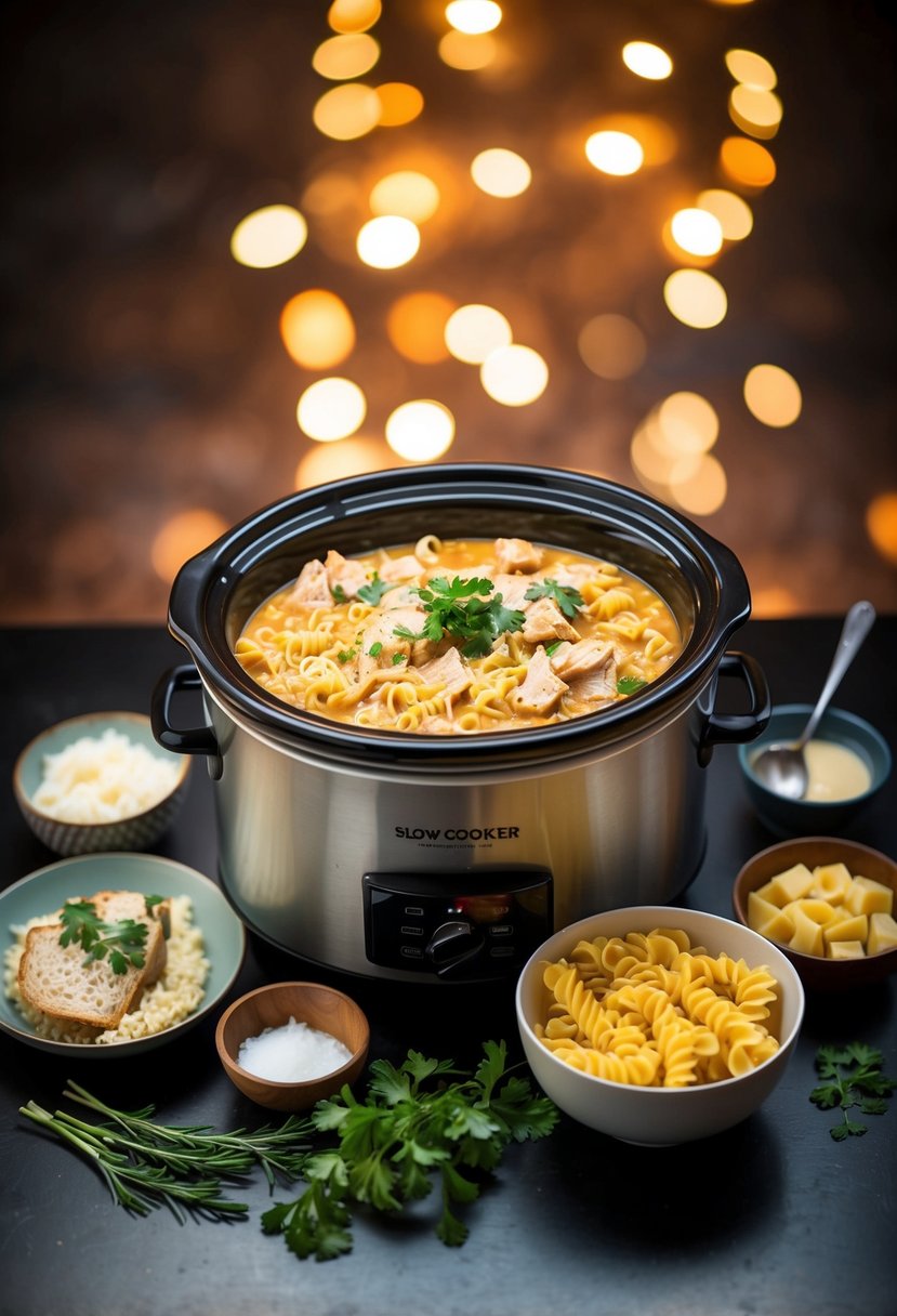 A slow cooker surrounded by ingredients like chicken, pasta, and creamy sauce, with a warm, inviting glow emanating from the pot