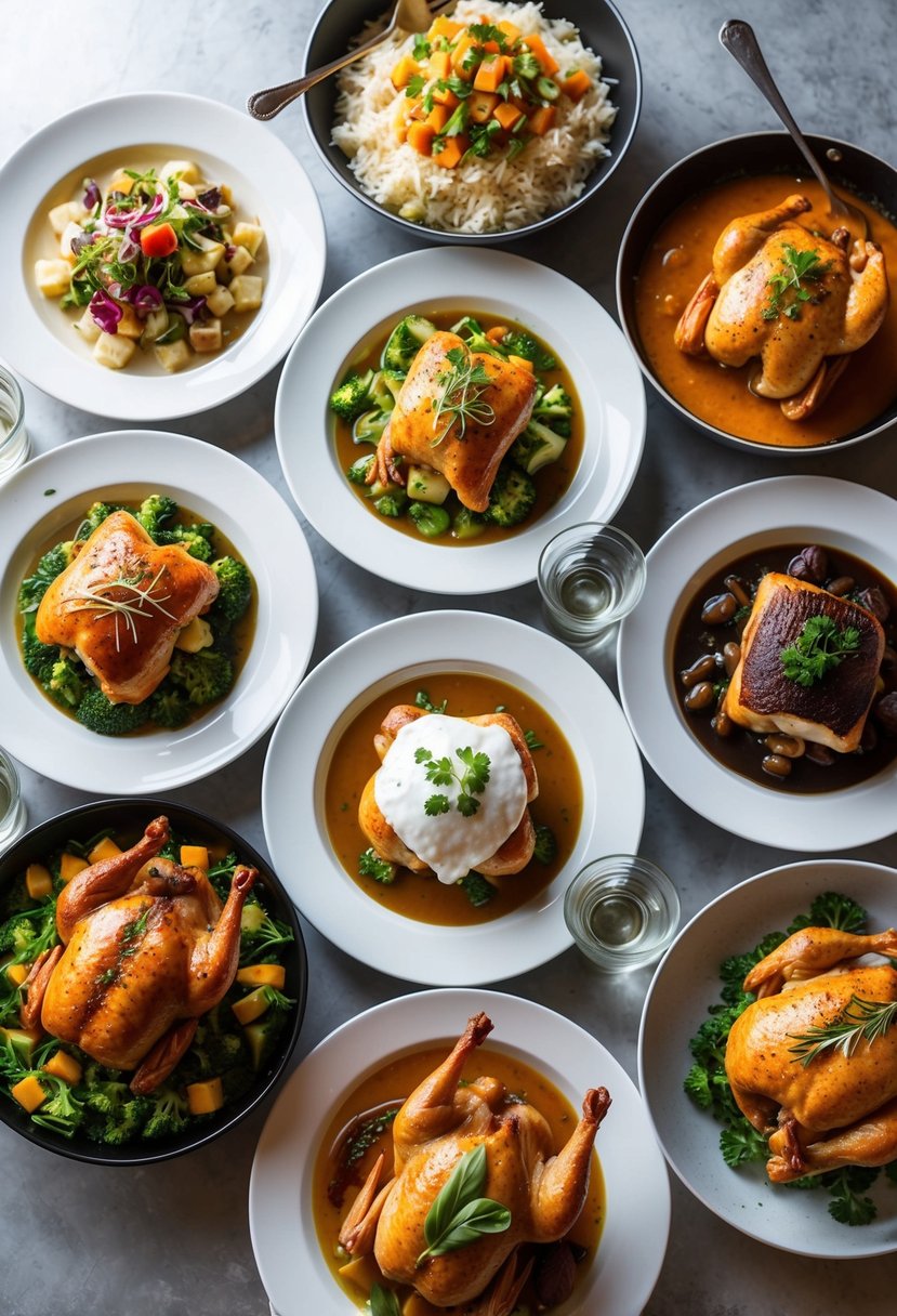 A table set with seven different chicken dishes, each with its own unique presentation and garnishes