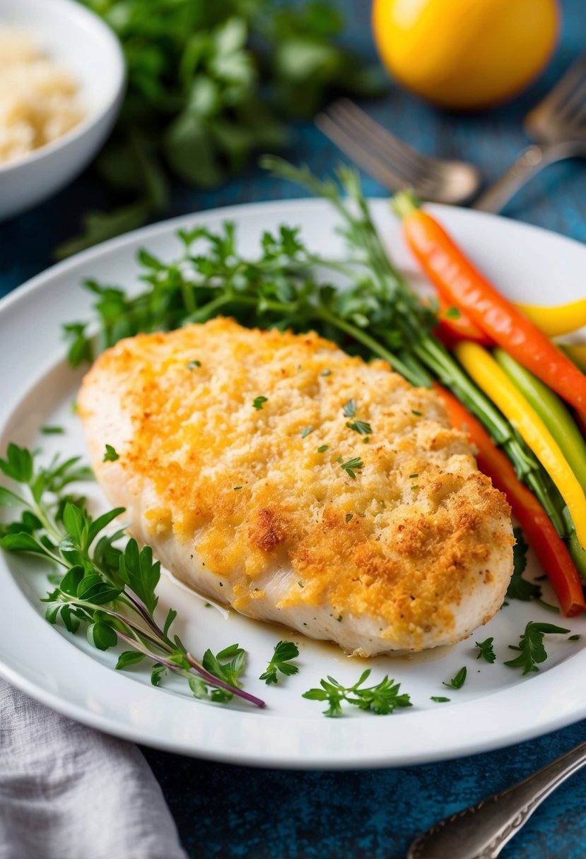 A golden-brown Parmesan crusted chicken breast surrounded by fresh herbs and colorful vegetables on a white dinner plate