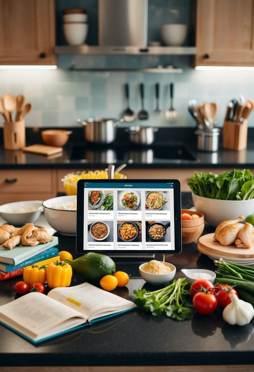 A kitchen counter with various ingredients and cooking utensils laid out, surrounded by recipe books and a tablet displaying different chicken recipes