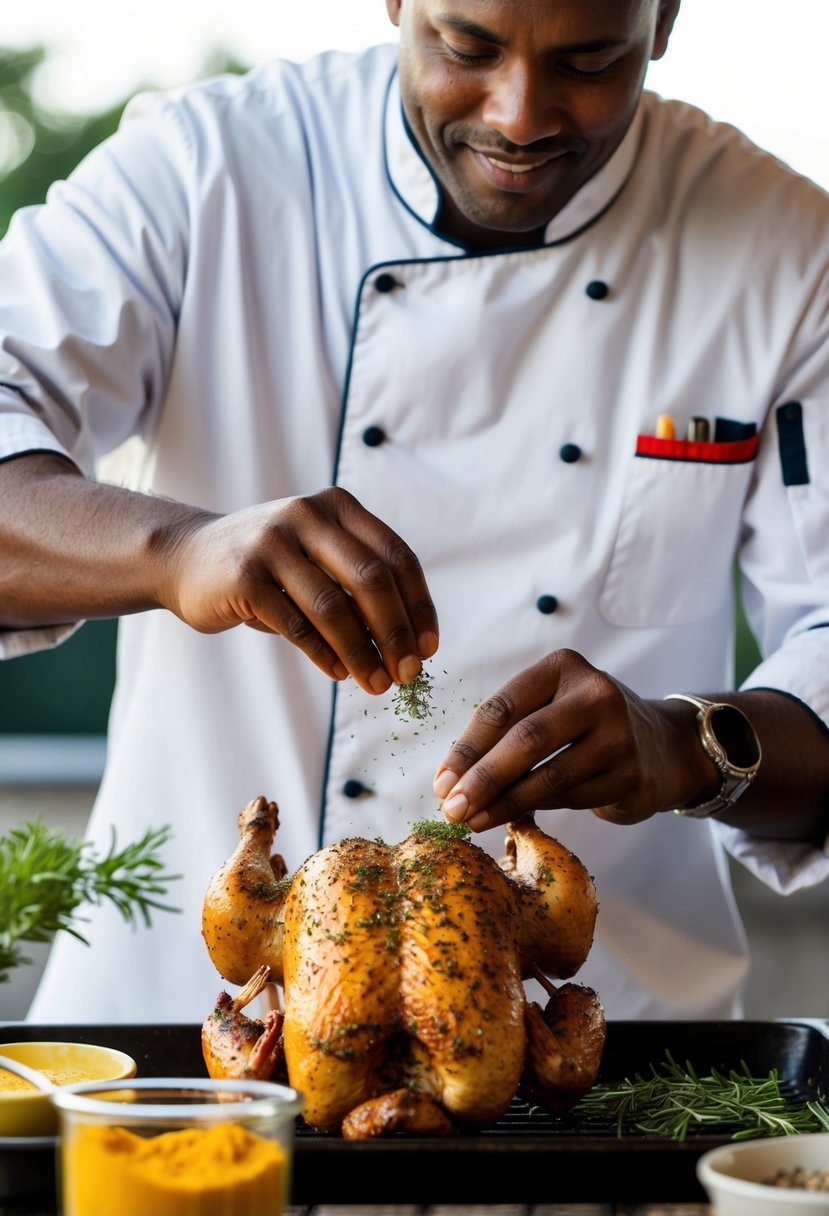 A chef seasoning, grilling, and roasting chicken with various herbs and spices