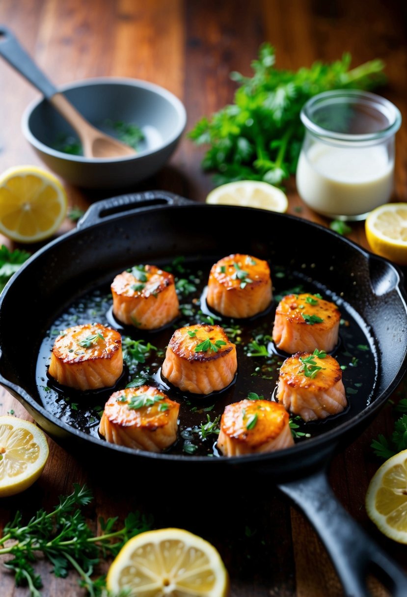 A sizzling skillet of honey garlic salmon bites, surrounded by fresh herbs and lemon slices