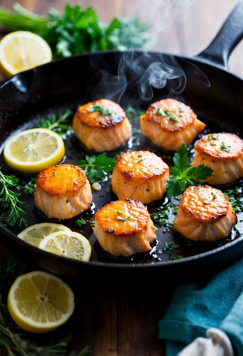 A sizzling skillet of honey garlic salmon bites, surrounded by fresh herbs and lemon slices, with steam rising from the golden brown pieces