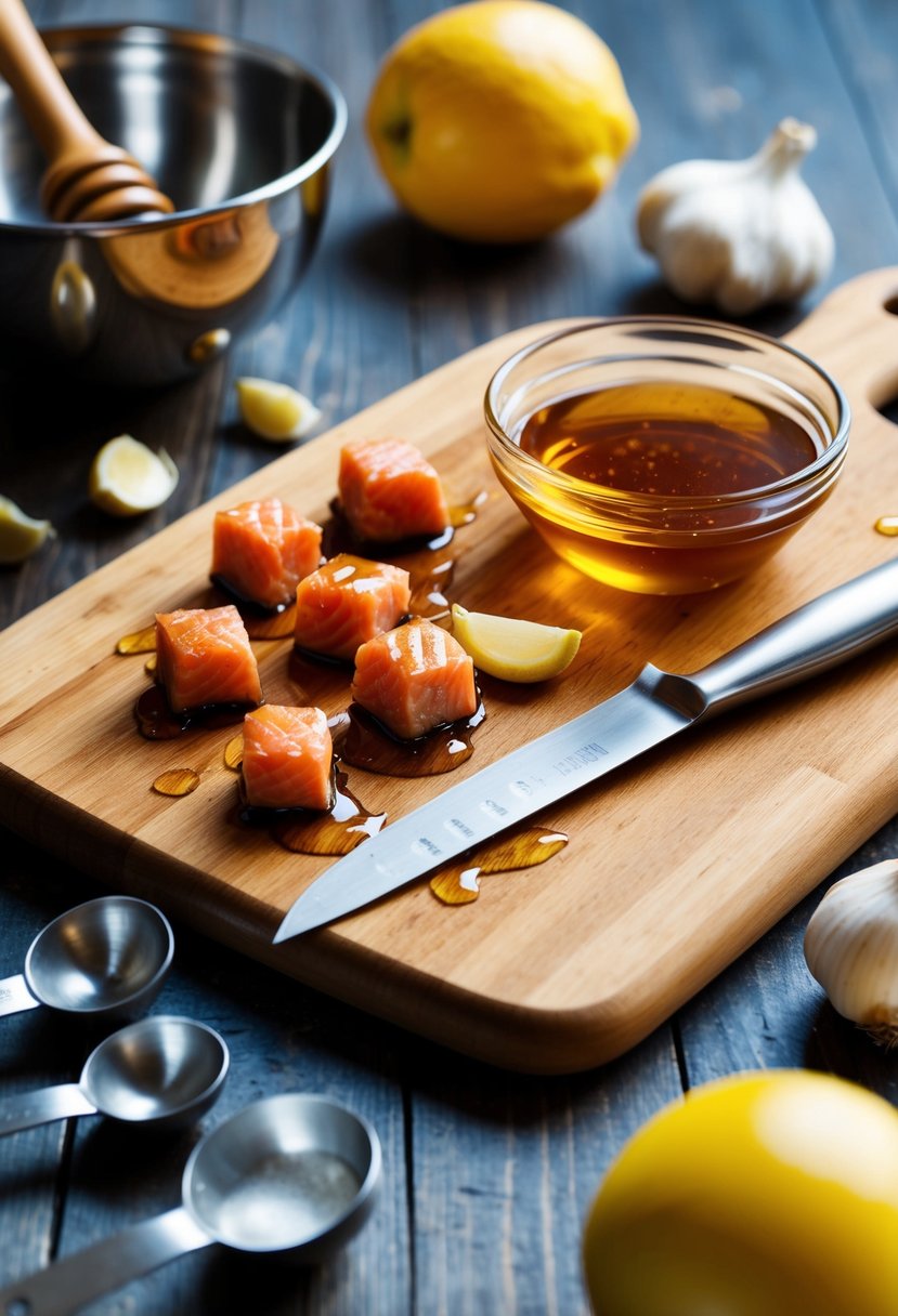 A wooden cutting board with honey, garlic, and salmon bites scattered around a mixing bowl and measuring spoons