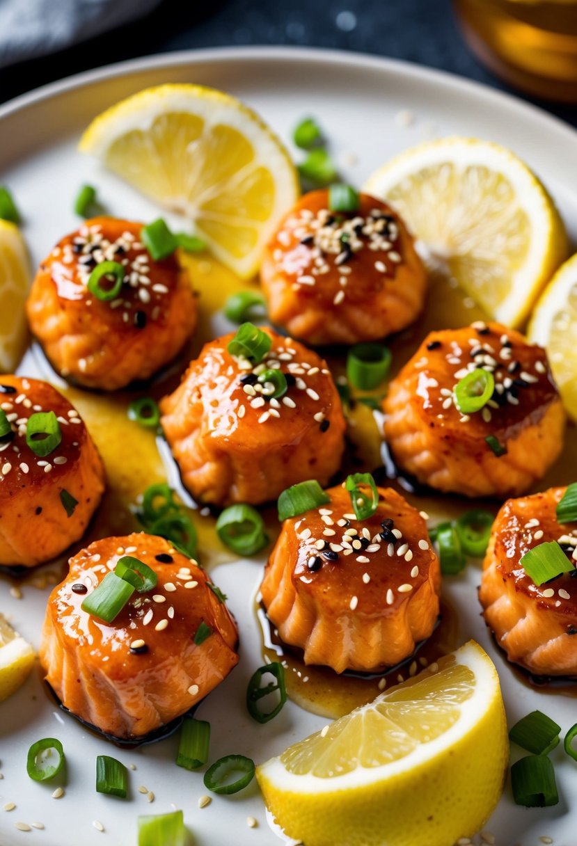 A plate of golden-brown salmon bites glazed with honey garlic sauce, garnished with sesame seeds and chopped green onions, surrounded by fresh lemon wedges
