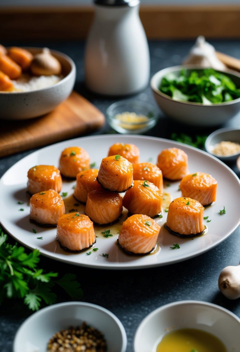 A plate of honey garlic salmon bites surrounded by ingredients and utensils on a kitchen counter